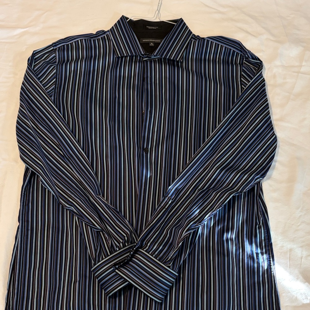 Express Men's Black and Blue Striped Dress Shirt